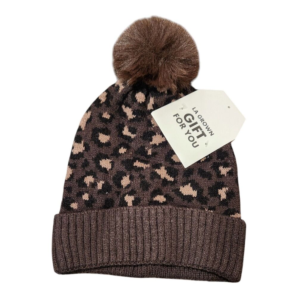 LA Grown Knit Pom-Pom Beanie Hat Animal Print Brown Black One Size Winter Cap